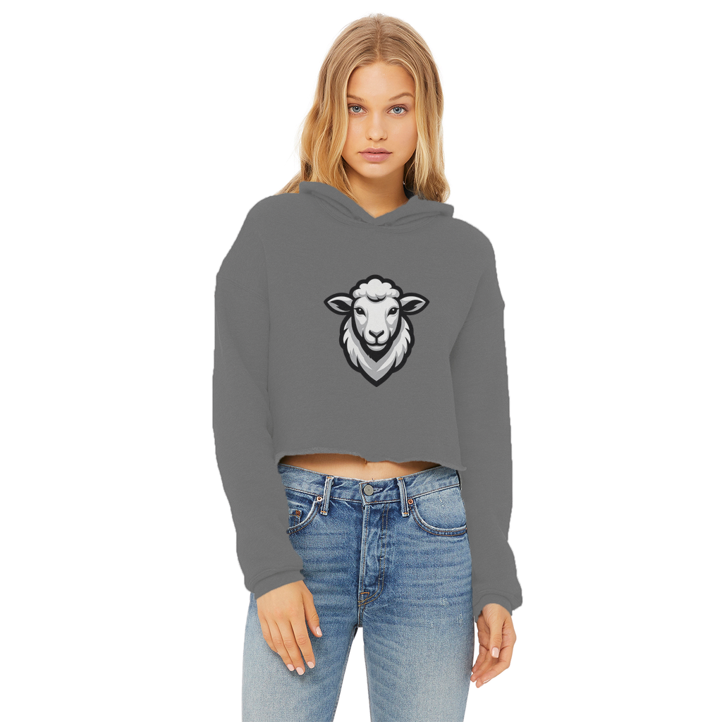 Ladies Cropped Raw Edge Hoodie in gray with a sheep graphic design, perfect for a stylish casual look.