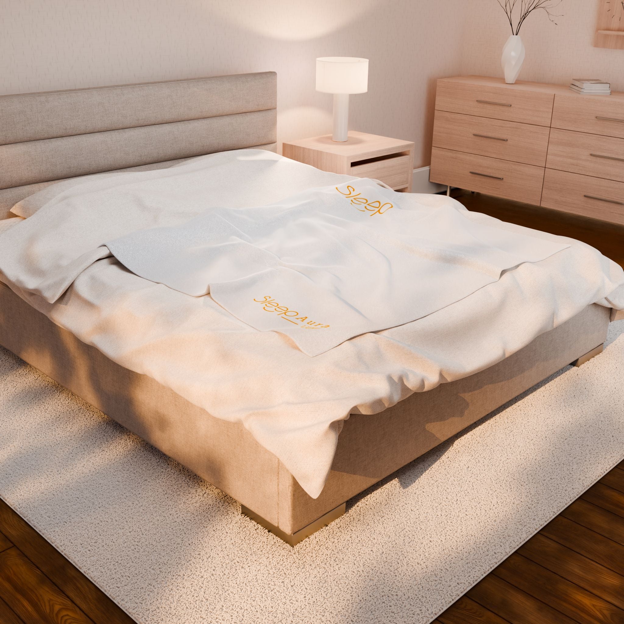 Sleep Aura Velveteen Plush Blanket — Soft White Sleep Logo Throw