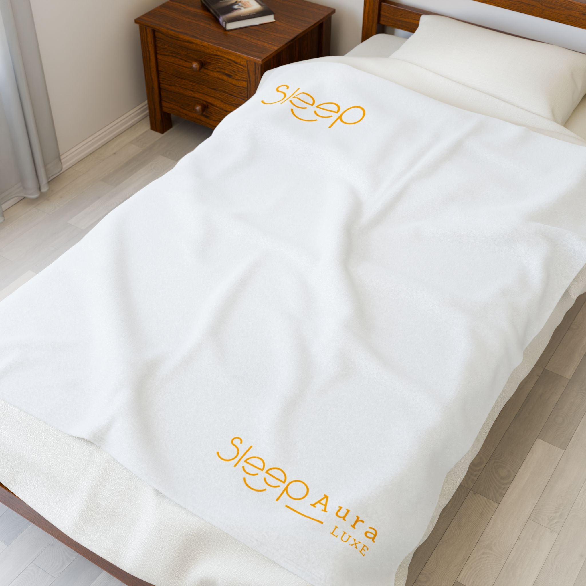 Sleep Aura Velveteen Plush Blanket — Soft White Sleep Logo Throw