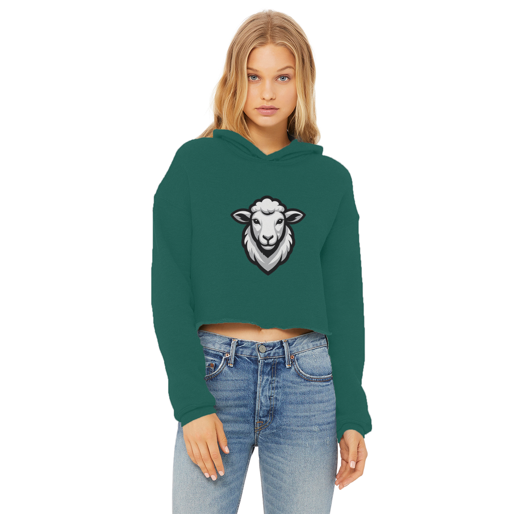 Ladies Cropped Raw Edge Hoodie in green with sheep graphic design, perfect for casual styling and comfort.