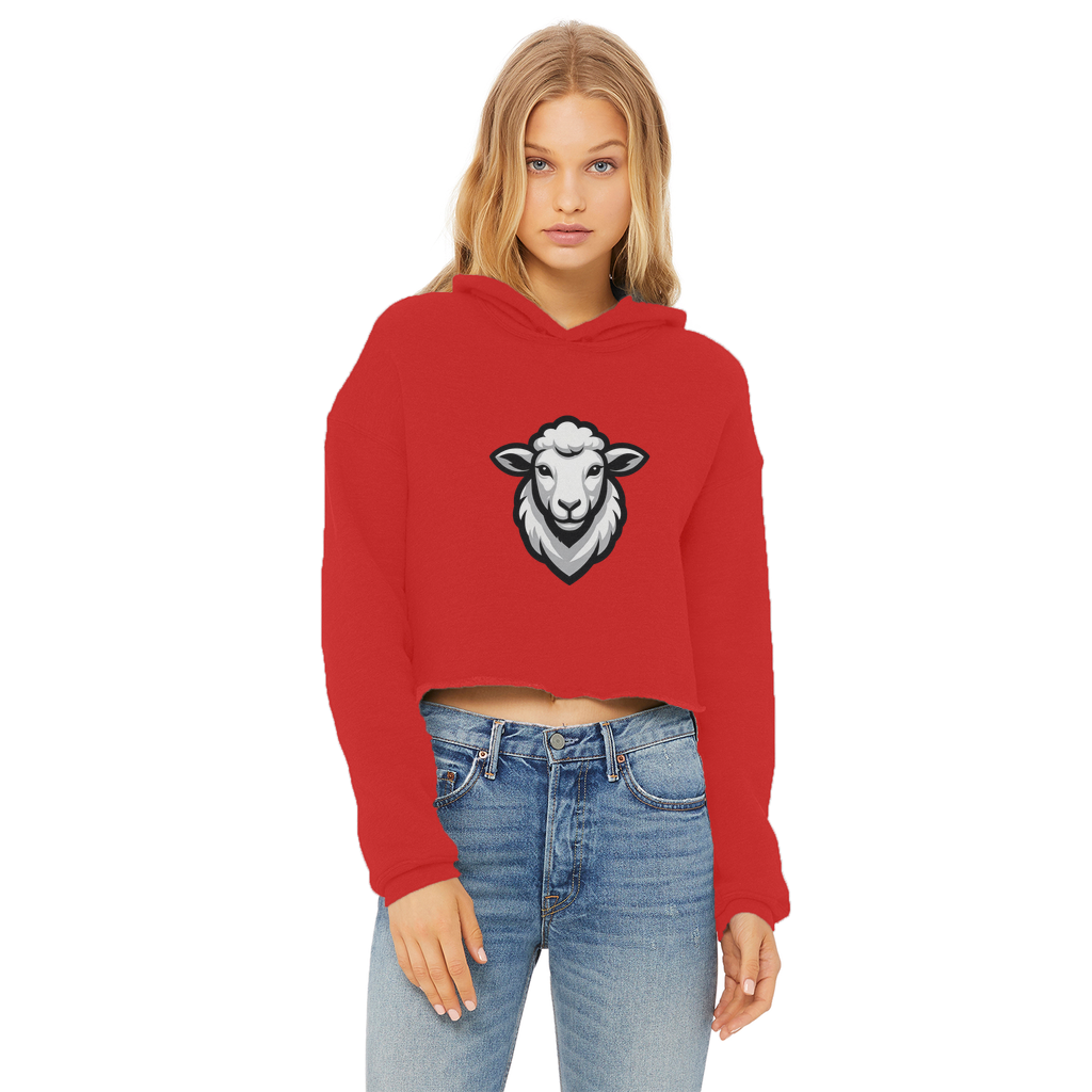 Ladies Cropped Raw Edge Hoodie in red with a sheep graphic design, perfect for casual wear.