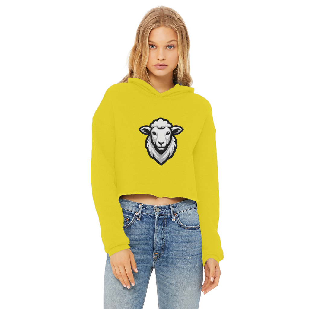 Ladies Cropped Raw Edge Hoodie in vibrant yellow with sheep logo design