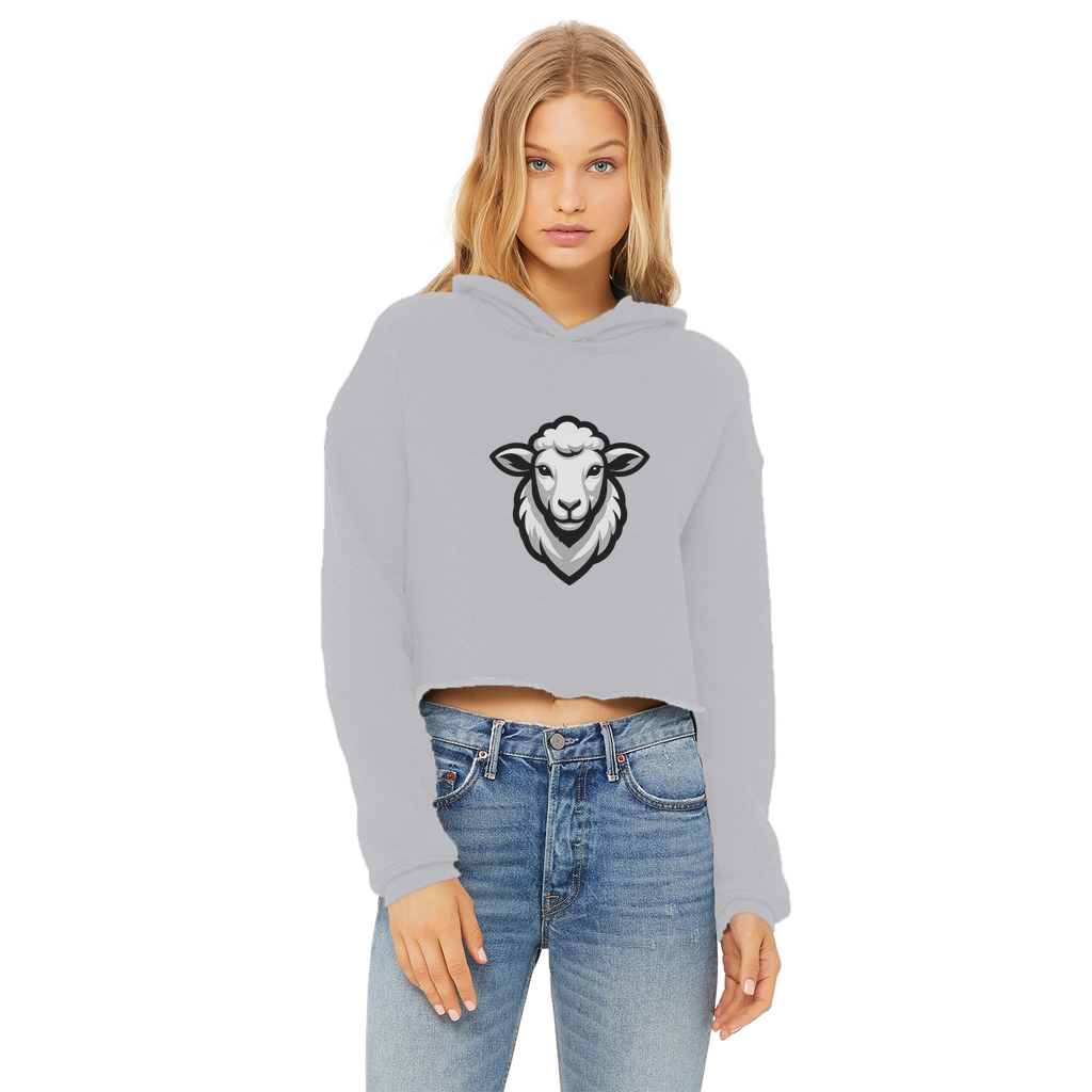 Ladies Cropped Raw Edge Hoodie featuring a sheep graphic on a gray background.
