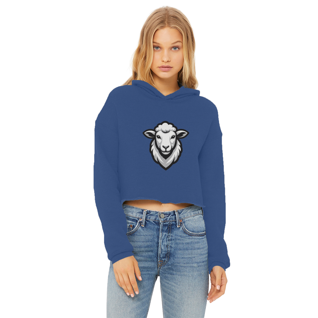 Ladies Cropped Raw Edge Hoodie in blue with sheep graphic design worn by a model.
