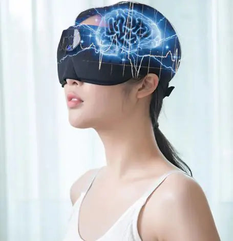Smart Sleep Mask worn by a woman, featuring a brainwave graphic, promoting restful sleep and relaxation.